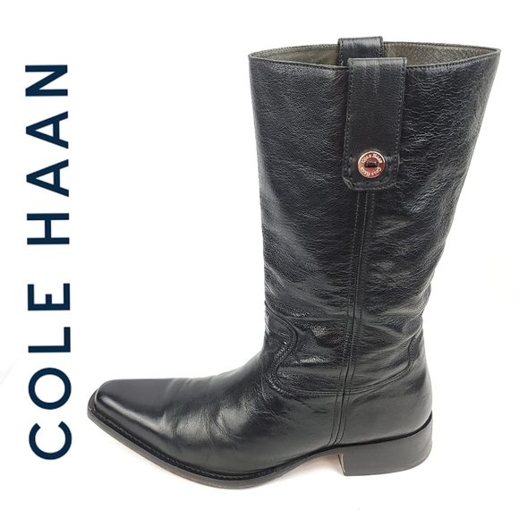 Cole Haan Lenox Leather Steel Toe Square Pull-On Tall Riding Boots US9-9.5 Black - Picture 1 of 12